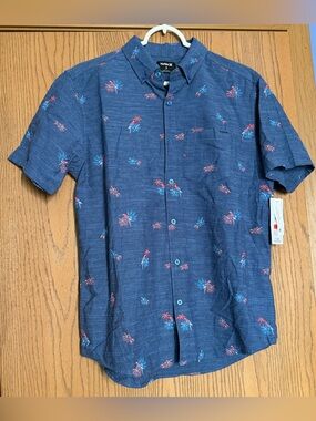 Hurley Men's Blue Short-Sleeve Button-Up Shirt with Tropical Print Size Small